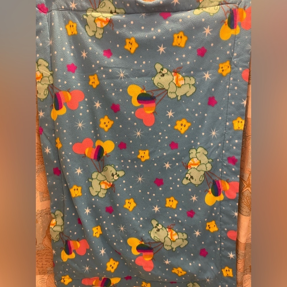 Care Bears Twin Size VTG Kids Quilted Bedspread Wish Blue Plaid Handmade 60/43